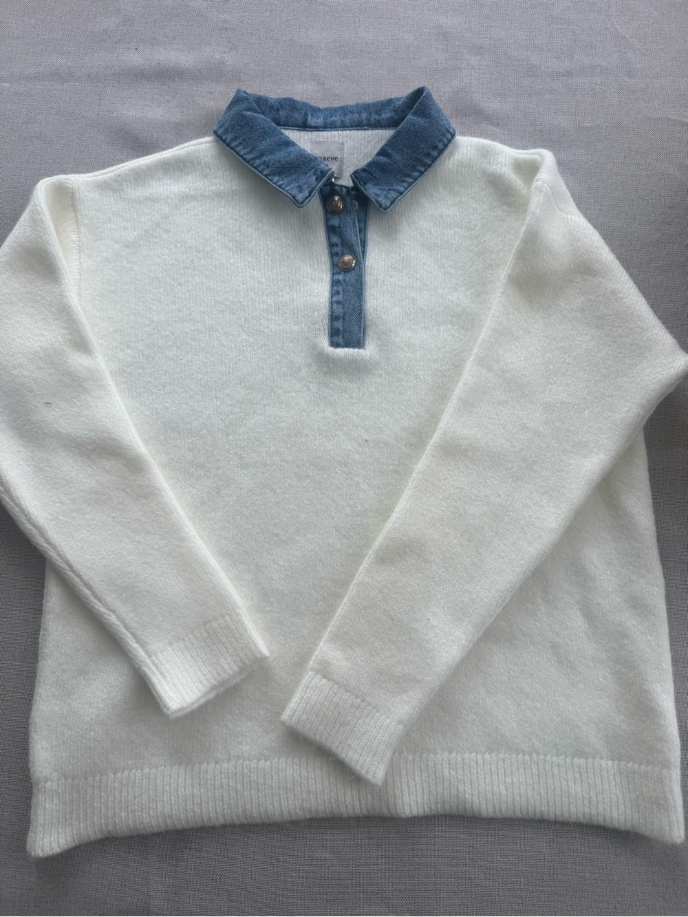 Maeve (Anthropology) White Crewneck Sweater with Denim Collar Size XS